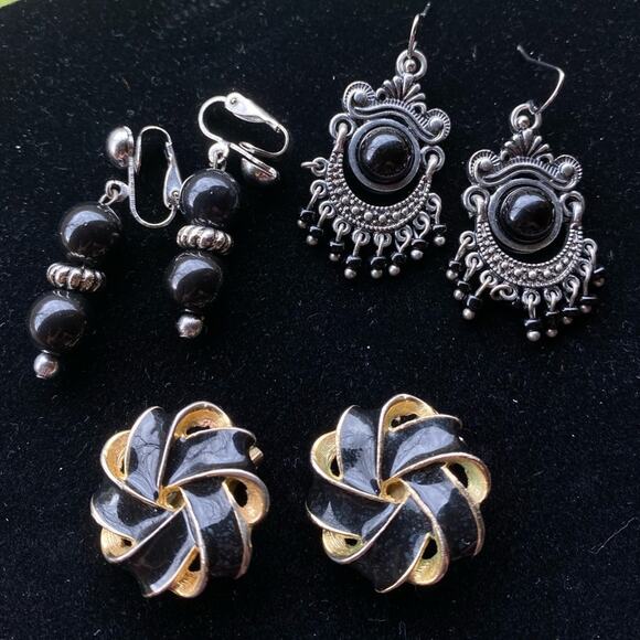 3pc lot Black enamel Silver & Gold tone Clip & Drop dangle earrings bundle - Picture 1 of 4